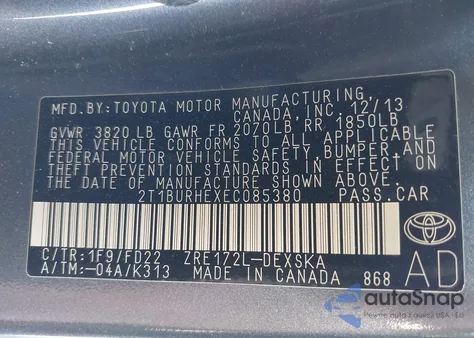 2014 Toyota Corolla L/Le/Le Pls/Prm/S/S Pls z USA, uszkodzony, nr VIN 2T1BURHEXEC085380